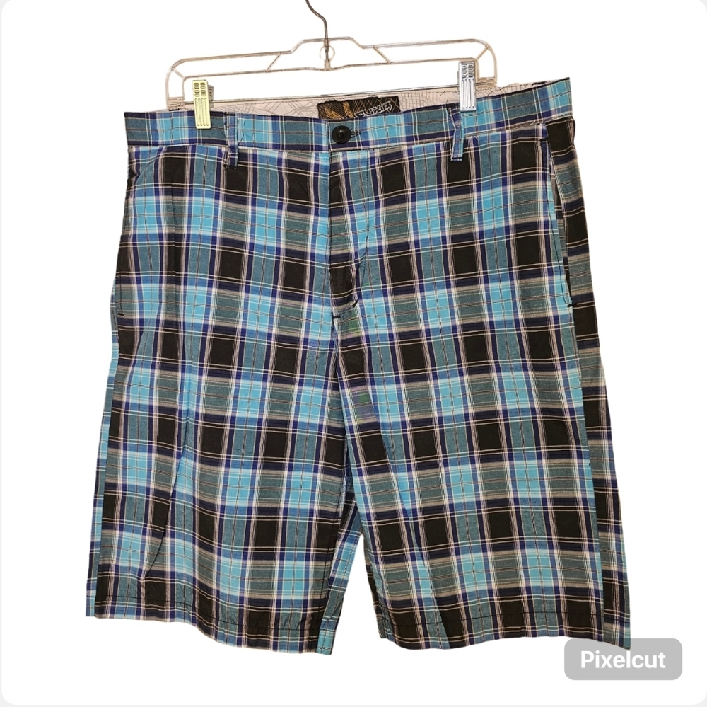 NWOT Elixir blue grey plaid cotton blend shorts men size 36W US